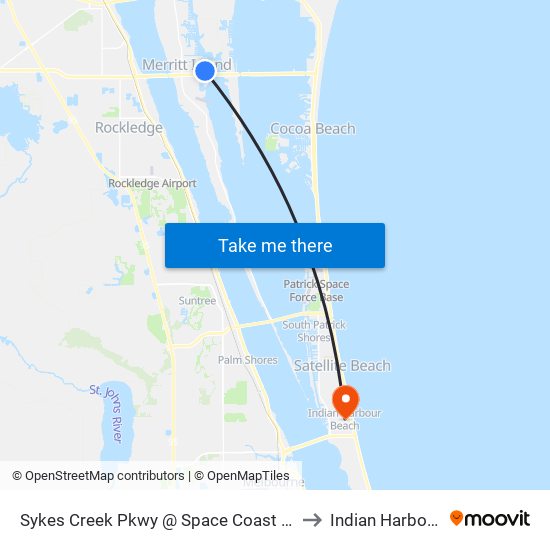 Sykes Creek Pkwy @ Space Coast Professional Plaza to Indian Harbour Beach map