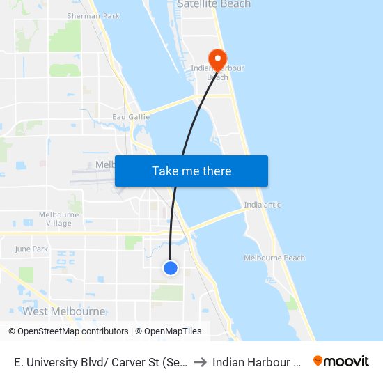 E. University Blvd/ Carver St (Se Corner) to Indian Harbour Beach map