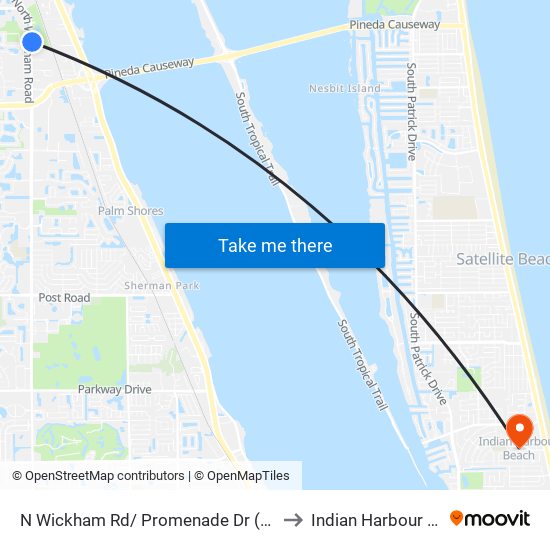 N Wickham Rd/ Promenade Dr (Se Corner) to Indian Harbour Beach map