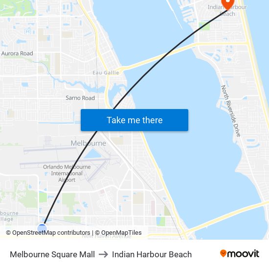 Melbourne Square Mall to Indian Harbour Beach map