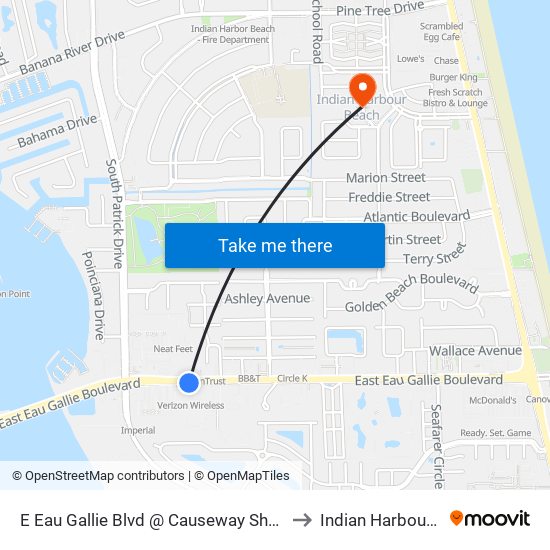 E Eau Gallie Blvd @ Causeway Shopping Center to Indian Harbour Beach map