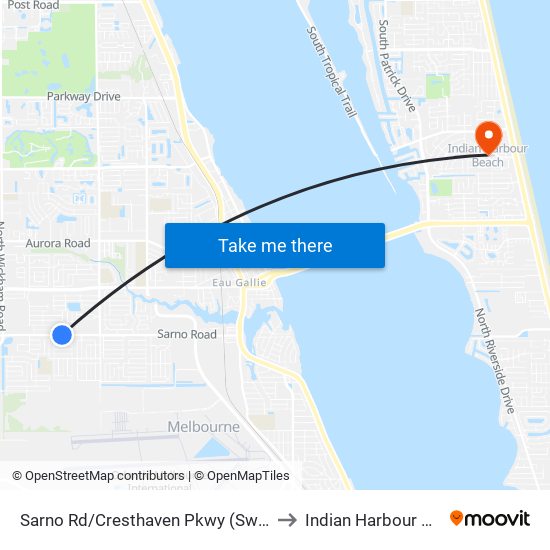 Sarno Rd/Cresthaven Pkwy (Sw Corner) to Indian Harbour Beach map