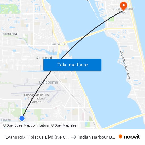 Evans Rd/ Hibiscus Blvd (Ne Corner) to Indian Harbour Beach map