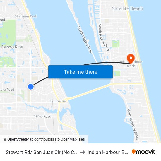 Stewart Rd/ San Juan Cir (Ne Corner) to Indian Harbour Beach map