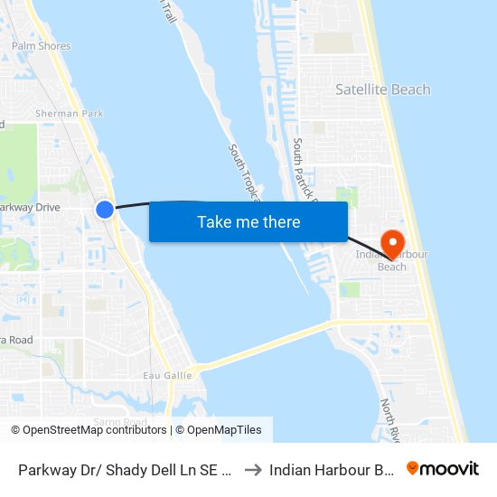 Parkway Dr/ Shady Dell Ln SE Corner to Indian Harbour Beach map