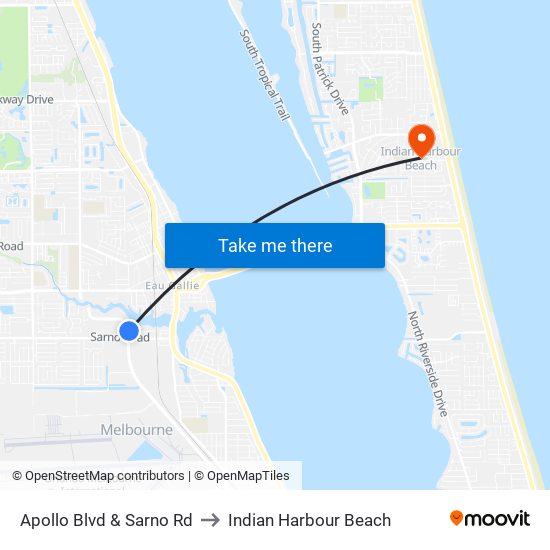 Apollo Blvd & Sarno Rd to Indian Harbour Beach map