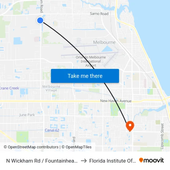N Wickham Rd / Fountainhead Blvd NW Corner to Florida Institute Of Technology map