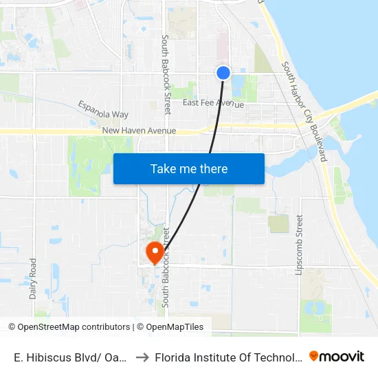 E. Hibiscus Blvd/ Oak St to Florida Institute Of Technology map