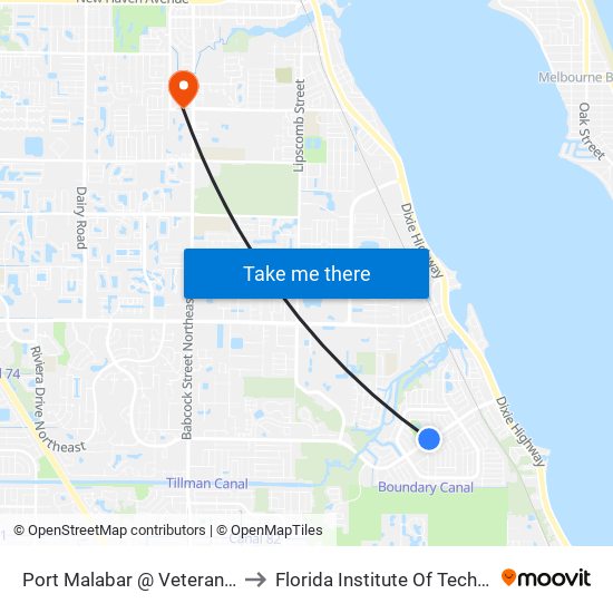 Port Malabar @ Veterans Park to Florida Institute Of Technology map