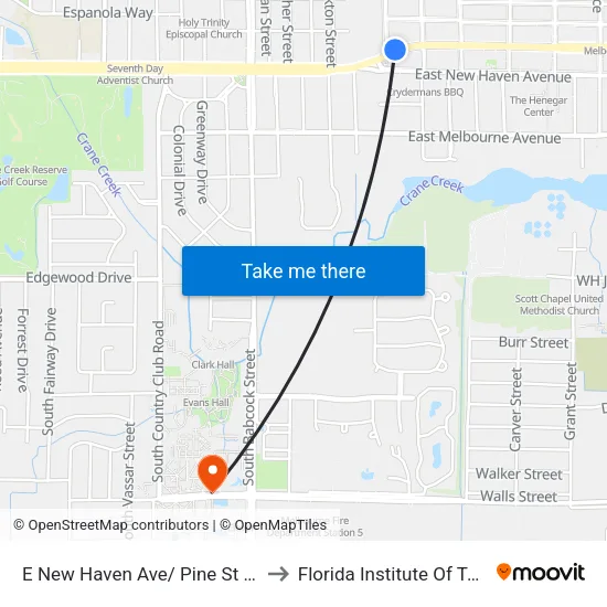 E New Haven Ave/ Pine St (Ne Corner) to Florida Institute Of Technology map