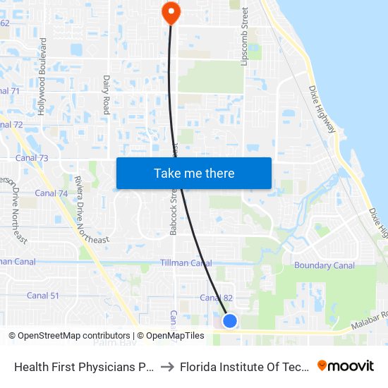 Health First Physicians Palm Bay to Florida Institute Of Technology map