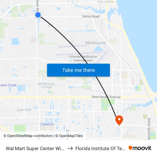 Wal Mart Super Center  Wickham Rd. to Florida Institute Of Technology map