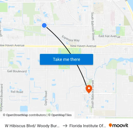 W Hibiscus Blvd/ Woody Burke Dr (Ne Corner) to Florida Institute Of Technology map