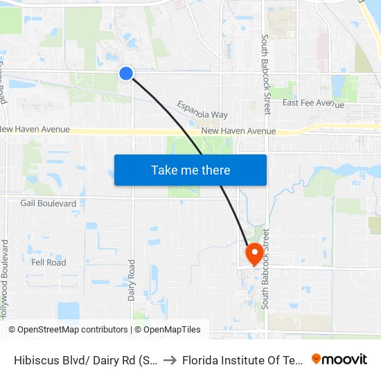 Hibiscus Blvd/ Dairy Rd (Sw Corner) to Florida Institute Of Technology map