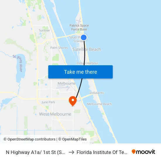 N Highway A1a/ 1st St (Sw Corner) to Florida Institute Of Technology map