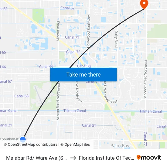 Malabar Rd/ Ware Ave (Se Corner) to Florida Institute Of Technology map