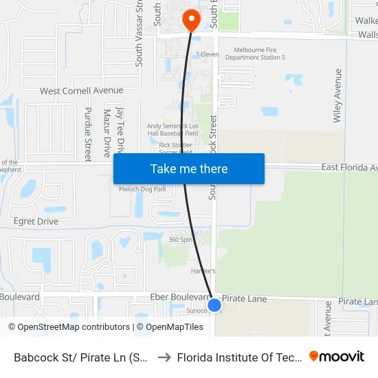 Babcock St/ Pirate Ln (Se Corner) to Florida Institute Of Technology map