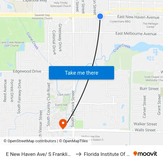 E New Haven Ave/ S Franklin St (Sw Corner) to Florida Institute Of Technology map