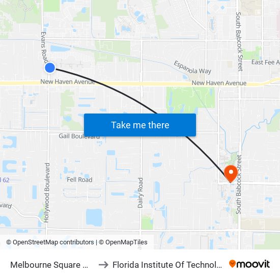 Melbourne Square Mall to Florida Institute Of Technology map