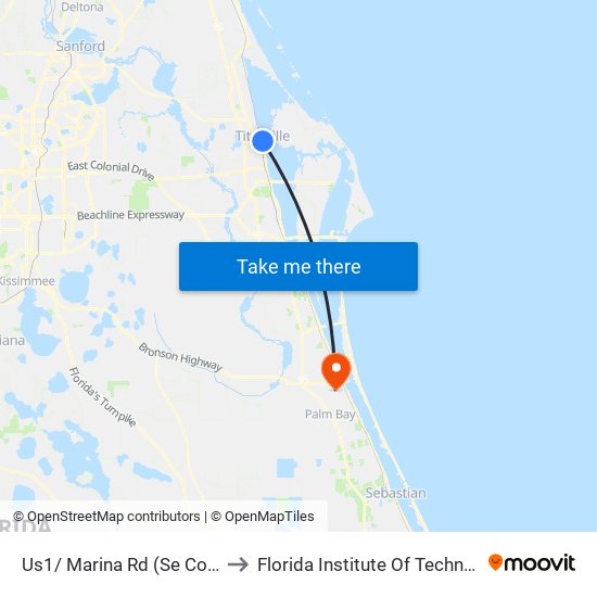 Us1/ Marina Rd (Se Corner) to Florida Institute Of Technology map