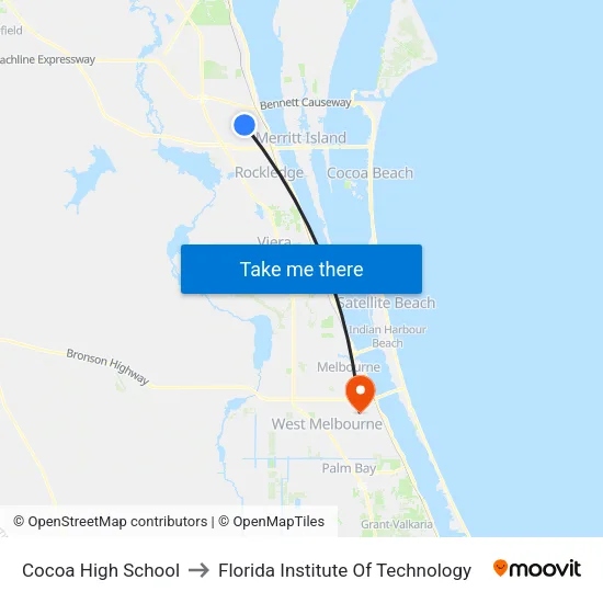 Cocoa High School to Florida Institute Of Technology map