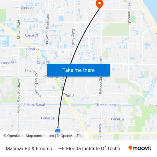 Malabar Rd & Emerson Dr to Florida Institute Of Technology map