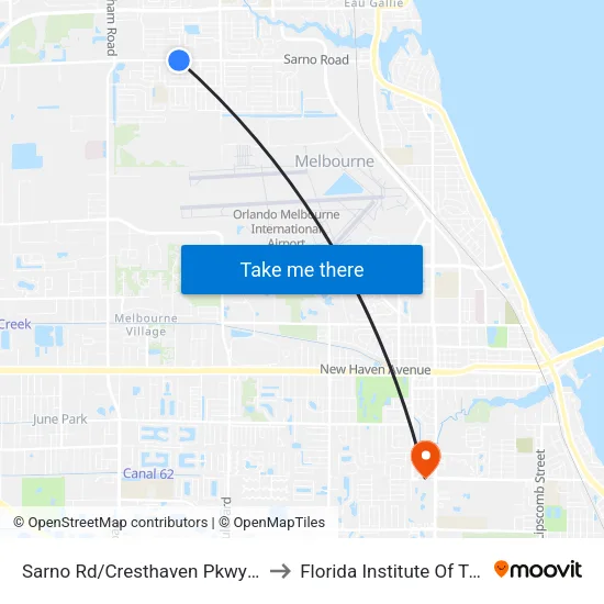 Sarno Rd/Cresthaven Pkwy (Sw Corner) to Florida Institute Of Technology map