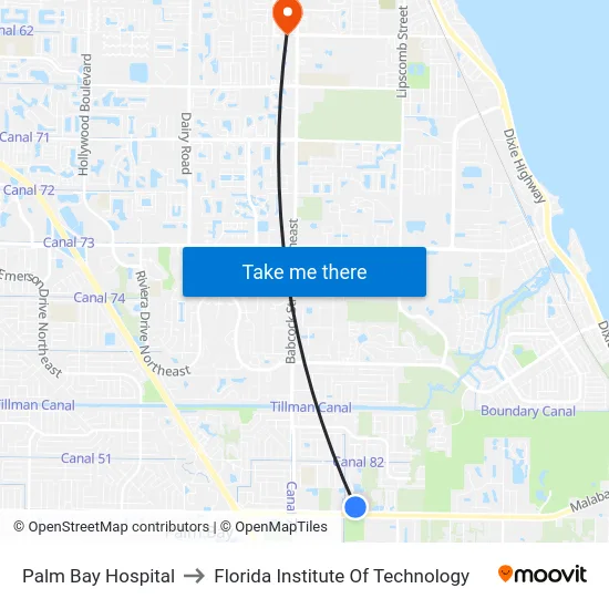 Palm Bay Hospital to Florida Institute Of Technology map