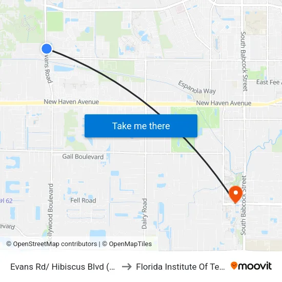 Evans Rd/ Hibiscus Blvd (Ne Corner) to Florida Institute Of Technology map