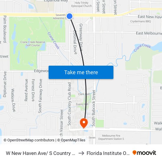 W New Haven Ave/ S Country Club Rd (Sw Corner) to Florida Institute Of Technology map