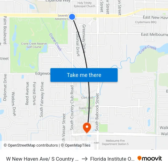 W New Haven Ave/ S Country Club Rd (Sw Corner) to Florida Institute Of Technology map