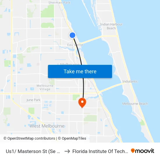Us1/ Masterson St (Se Corner) to Florida Institute Of Technology map