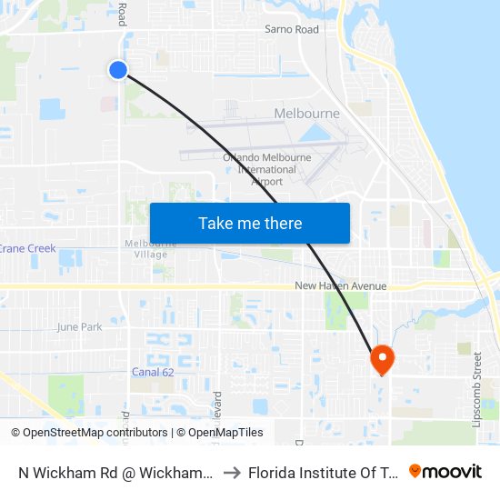 N Wickham Rd @ Wickham Village Apts to Florida Institute Of Technology map