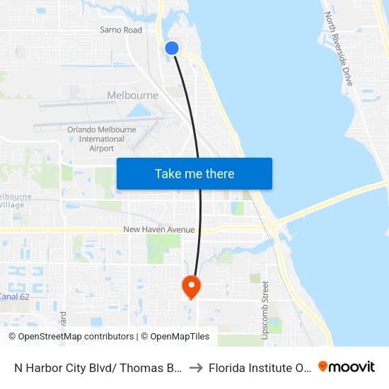 N Harbor City Blvd/ Thomas Barbour Dr NE Corner to Florida Institute Of Technology map