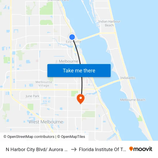 N Harbor City Blvd/ Aurora Rd SE Corner to Florida Institute Of Technology map