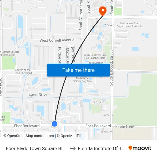Eber Blvd/ Town Square Blvd NE Corner to Florida Institute Of Technology map