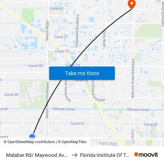 Malabar Rd/ Maywood Ave NE Corner to Florida Institute Of Technology map