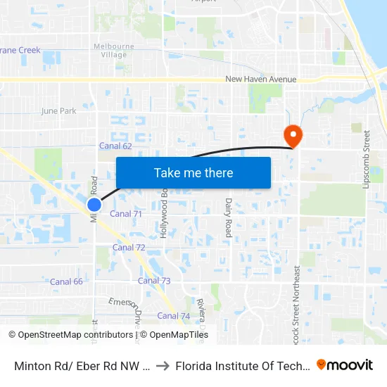Minton Rd/ Eber Rd NW Corner to Florida Institute Of Technology map