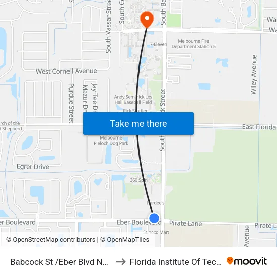 Babcock St /Eber Blvd NW Corner to Florida Institute Of Technology map