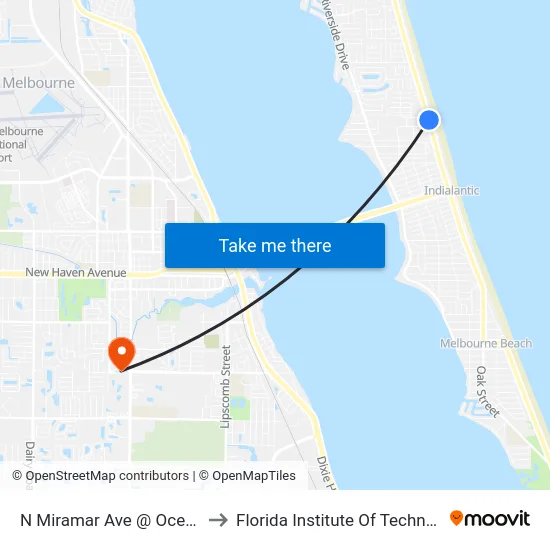 N Miramar Ave @ Ocean Pl to Florida Institute Of Technology map