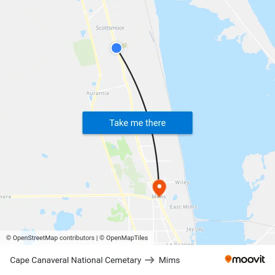 Cape Canaveral National Cemetary to Mims map