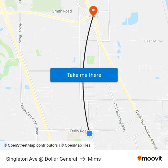 Singleton Ave @ Dollar General to Mims map