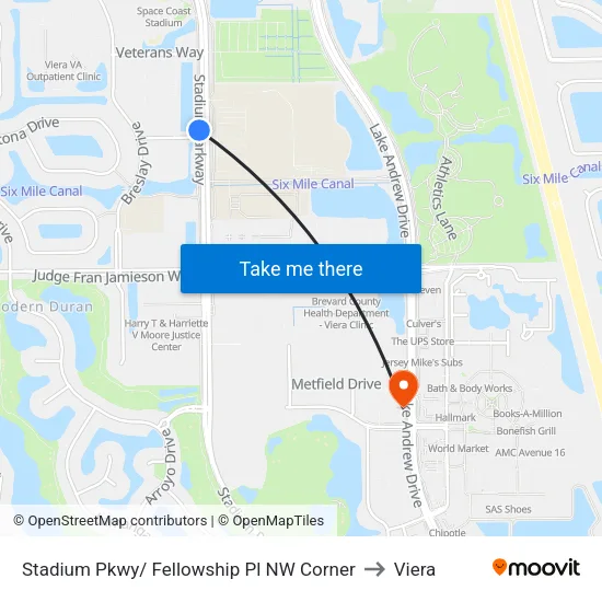 Stadium Pkwy/ Fellowship Pl NW Corner to Viera map