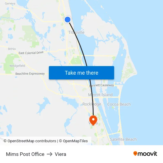 Mims Post Office to Viera map