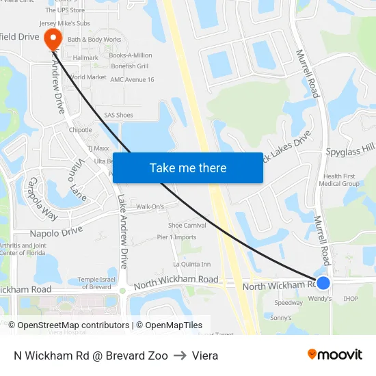 N Wickham Rd @ Brevard Zoo to Viera map