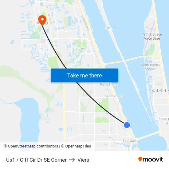 Us1 / Ciff Cir Dr SE Corner to Viera map