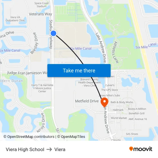 Viera High School to Viera map