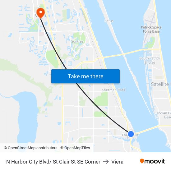 N Harbor City Blvd/ St Clair St SE Corner to Viera map