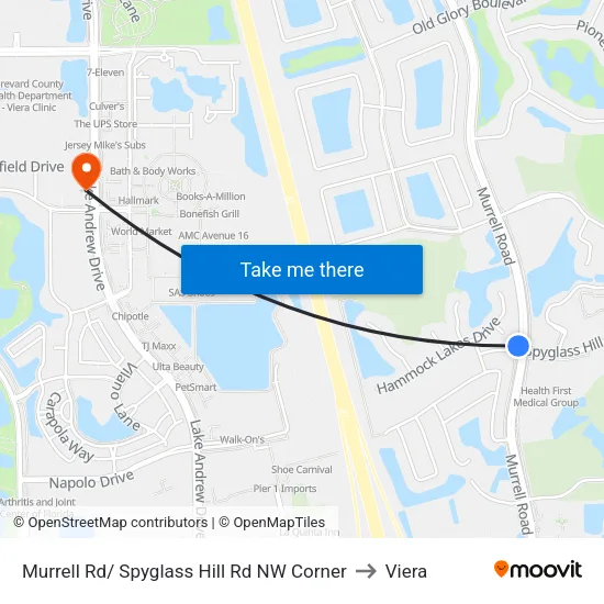 Murrell Rd/ Spyglass Hill Rd NW Corner to Viera map
