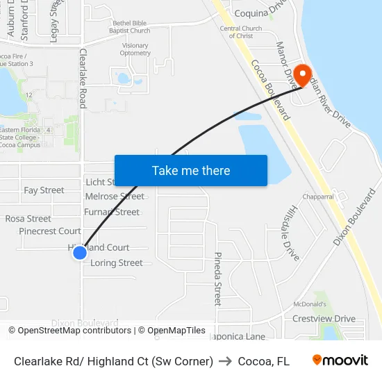 Clearlake Rd/ Highland Ct (Sw Corner) to Cocoa, FL map